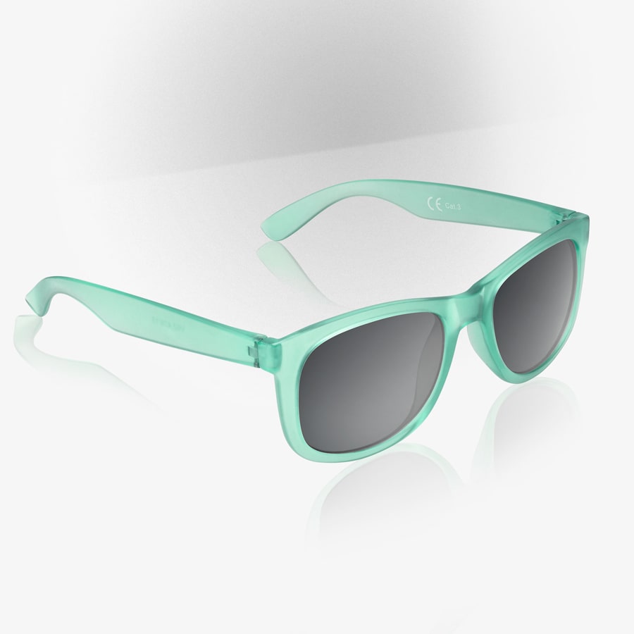 Product photo from a side view of Teal Sunglasses, on a white background