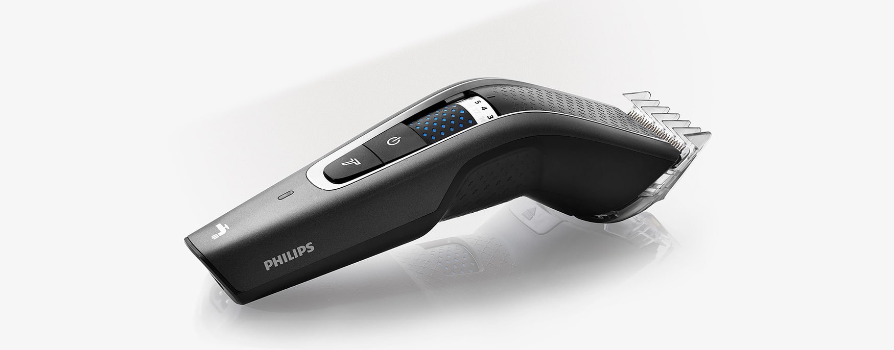 Hero shot of the Philips trimmer on a clean, reflective background. A concept photo, that would look great as a website banner, or as a main product shot.