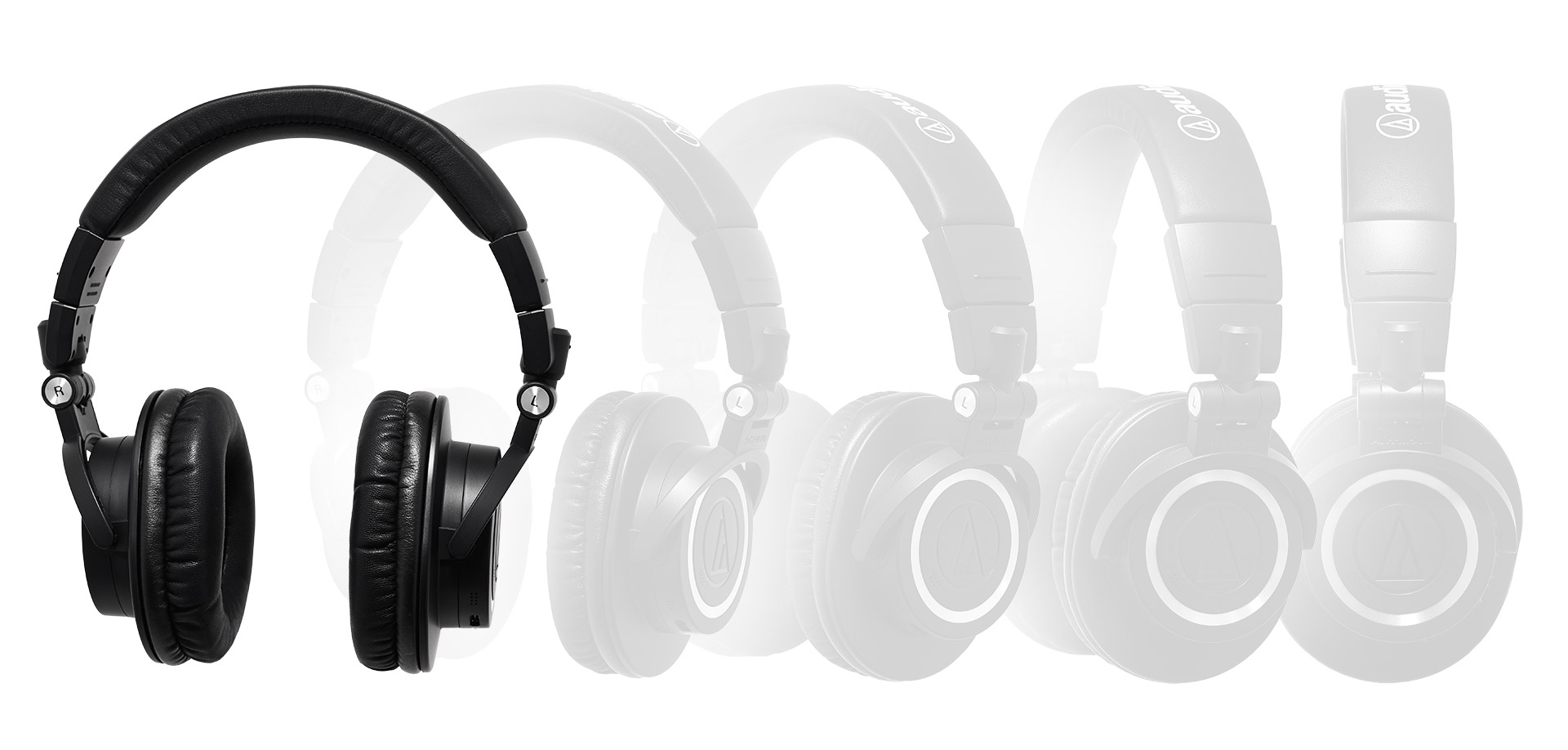 Impression of a 360 degrees Audio Technica headphones, with a front photo in full color, and after it, 4 other photos that show a gradual look, from front to side.