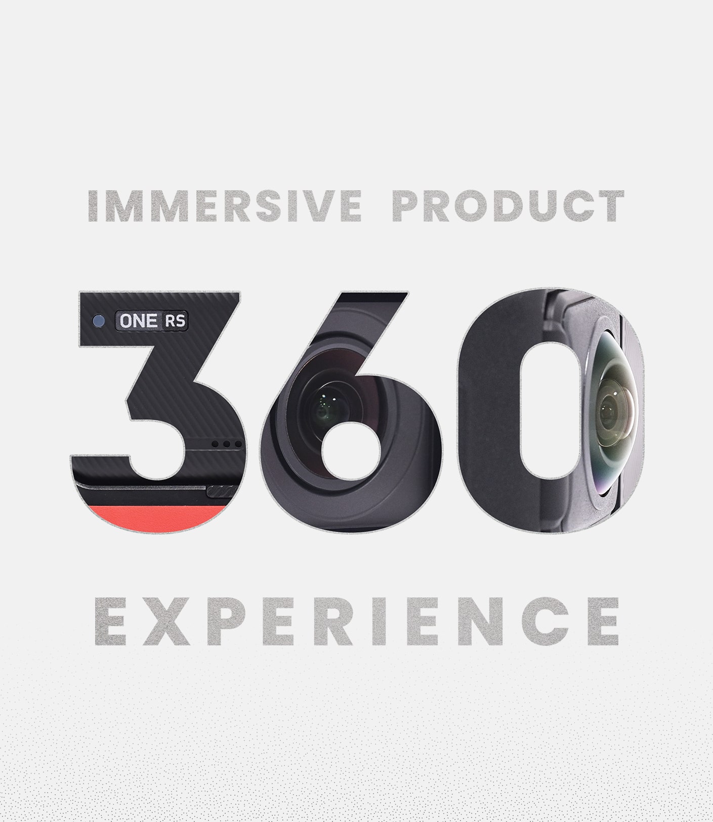 Creative design with the text Immersive Product 360 Experience, and within 360 numbers, it shows clipped snippets of the insta one RS 360 camera