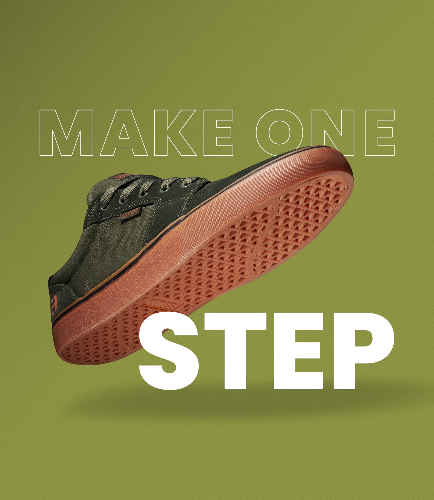 A mix of graphic design with photography with the message " Make one Step" Depicting a sneaker shoe in air, lightly touching letter S from Step.