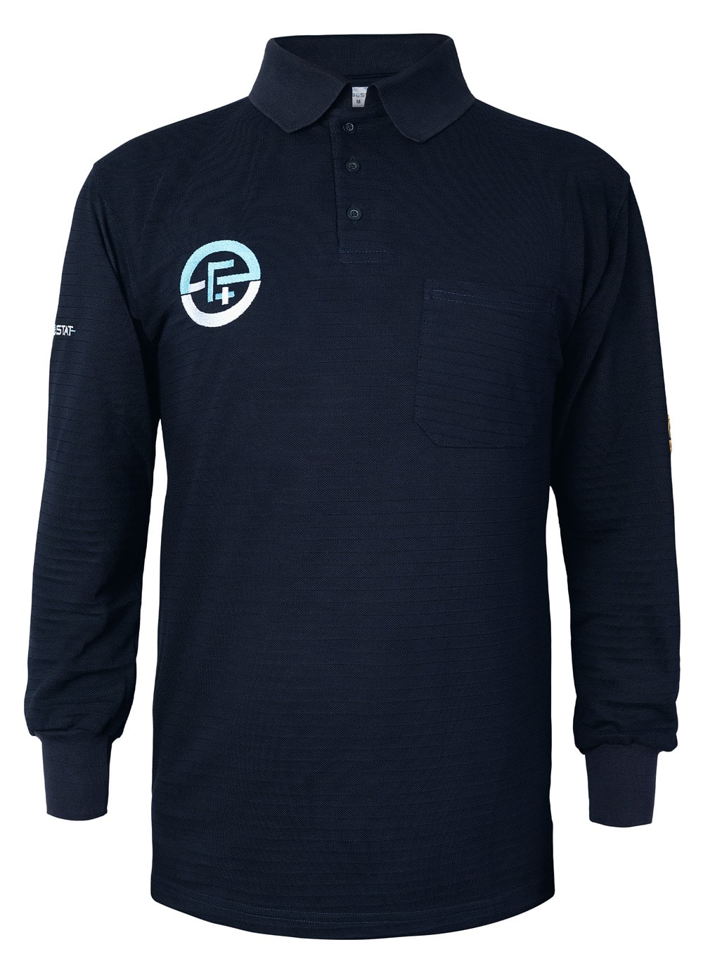 Front photo of a navy blue shirt with embroided logo of Eurostat symbol on the chest. A photo taken for its online store and catalog