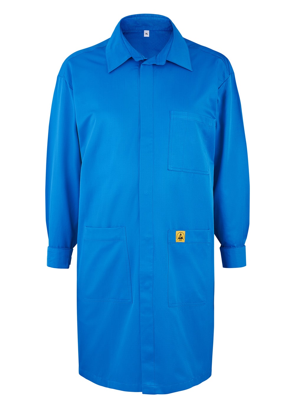 Photo of a royal blue labcoat, a full size packshot photo for web shop
