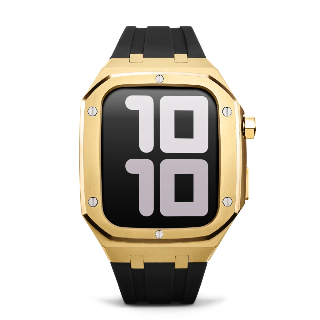 Front product photo for webshop of a black watch case with gold face