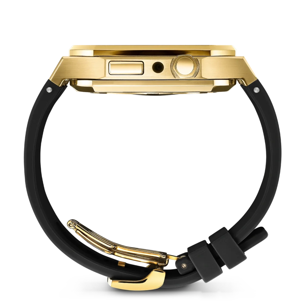 Side product photo of a black watch case with gold